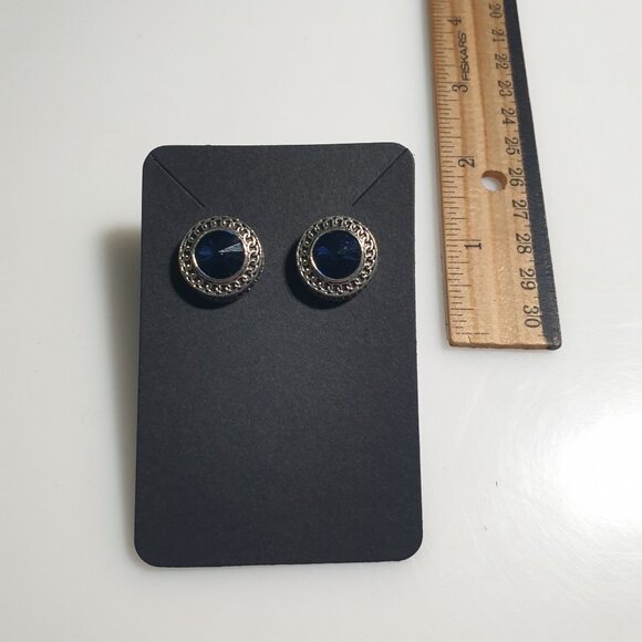 Silver Tone Earrings Deep Blue Gemstone Accents Retro Formal Party Core Gift - Picture 3 of 4